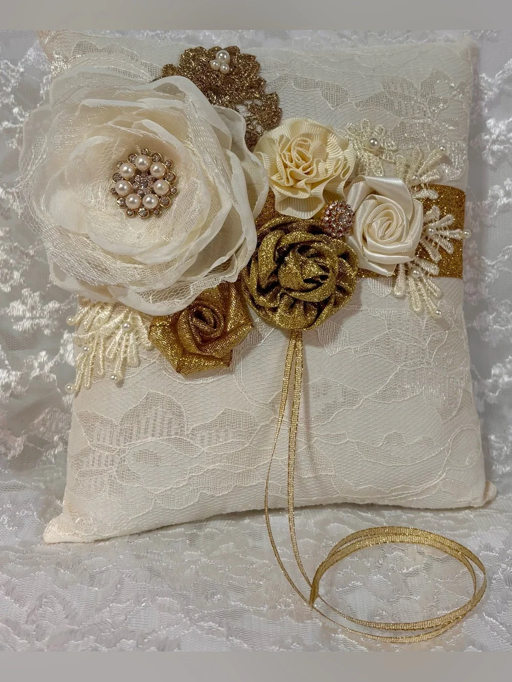 🌸 Handmade Ivory, Cream and Gold Ring Pillow and Flower Basket